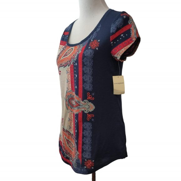 Lucky Brand Womens NWT Blue Red Orange Paisley Bandana Print S/S T-Shirt Top S - Picture 2 of 10